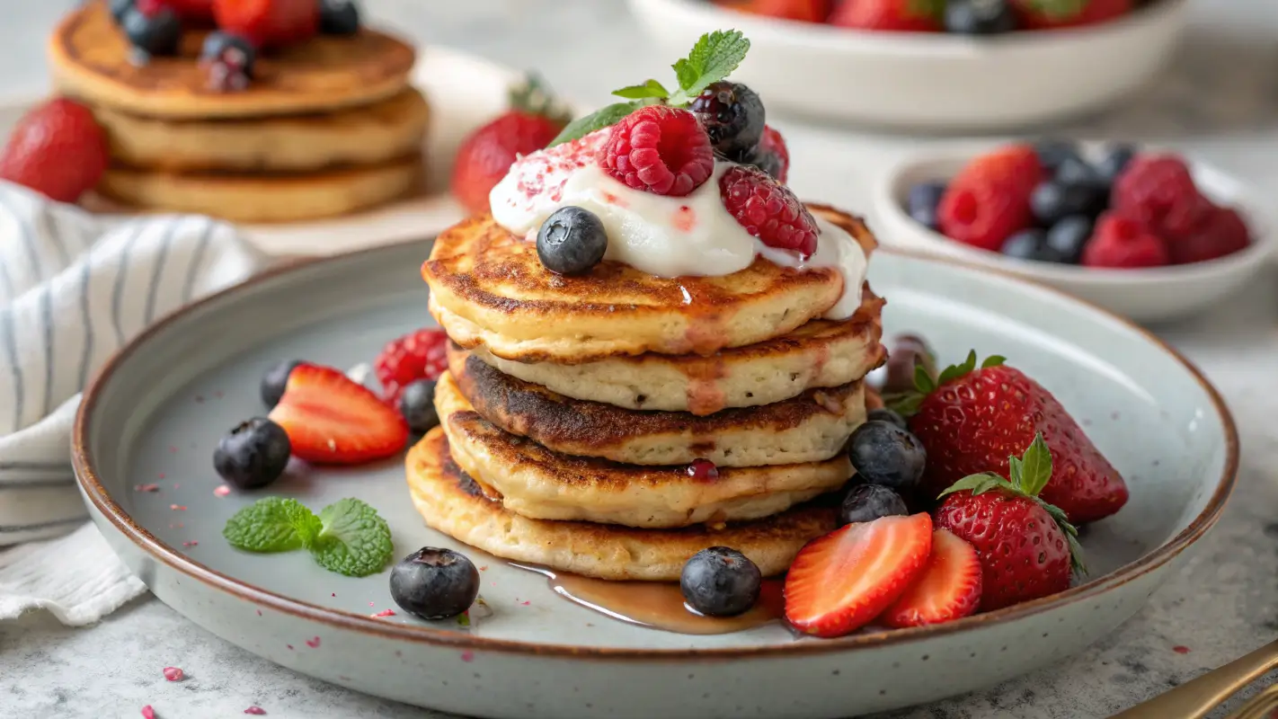 Artistic representation of Mini Protein Pancakes, showcasing golden-brown pancakes stacked on a plate with fresh berries and a drizzle of yogurt, highlighting vibrant colors and textures.