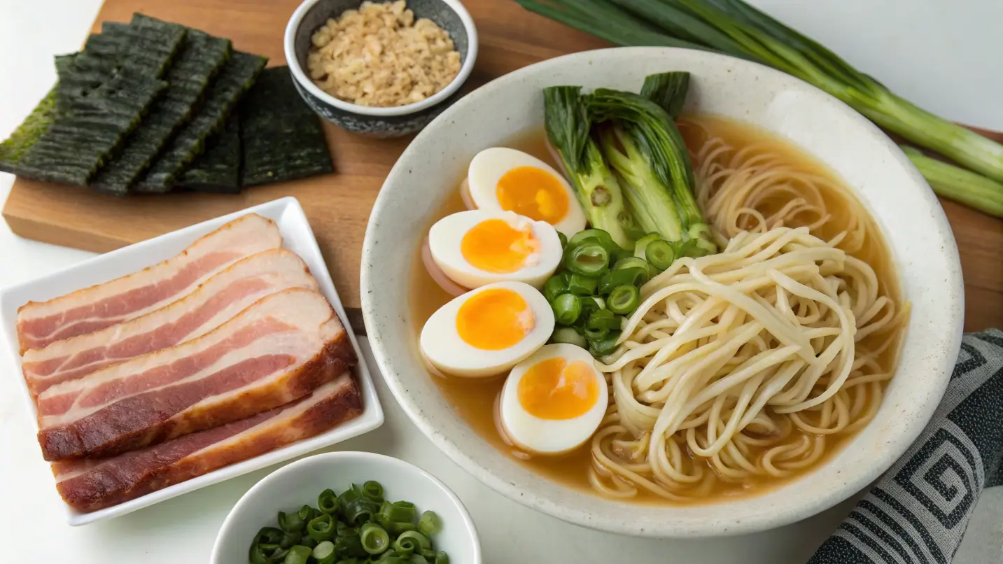 A variety of fresh ingredients for preparing ramen, including ramen noodles, soft-boiled eggs, sliced pork belly, scallions, nori, and broth ingredients like ginger and garlic. The ingredients are arranged aesthetically, showcasing their textures and vibrant colors.