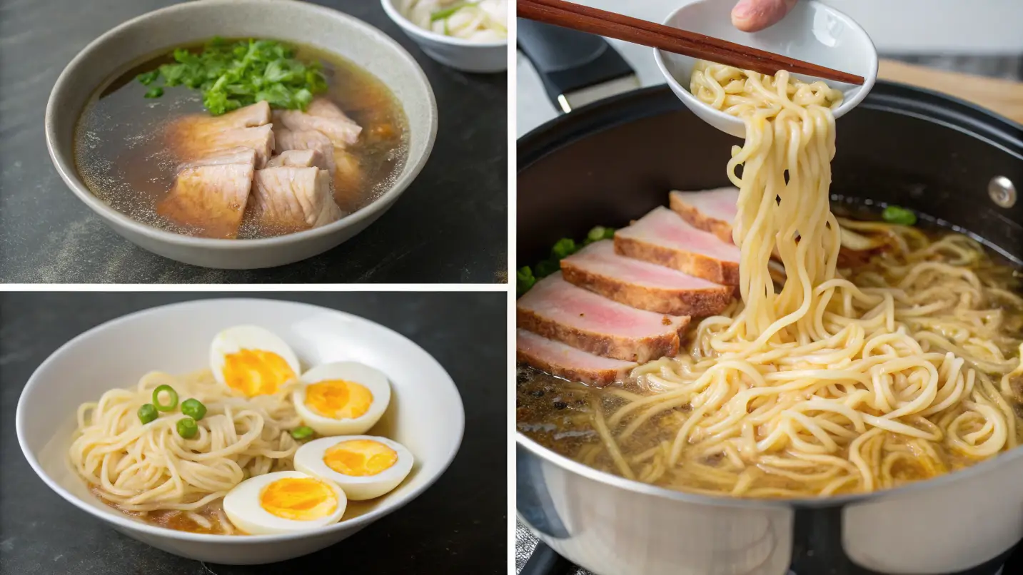A four-step visual guide to cooking ramen: 1) Boiling ramen noodles in water, 2) Adding pork belly and broth to the pot, 3) Simmering the ramen with toppings like eggs and scallions, 4) The completed bowl of ramen ready to serve, beautifully arranged.