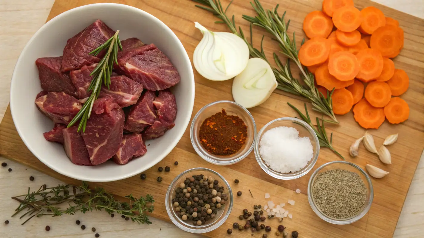ingredients for preparing beef cheek meat. Include beef cheeks, garlic, onions, carrots, spices like cumin and paprika, herbs like thyme and rosemary, and broth.
