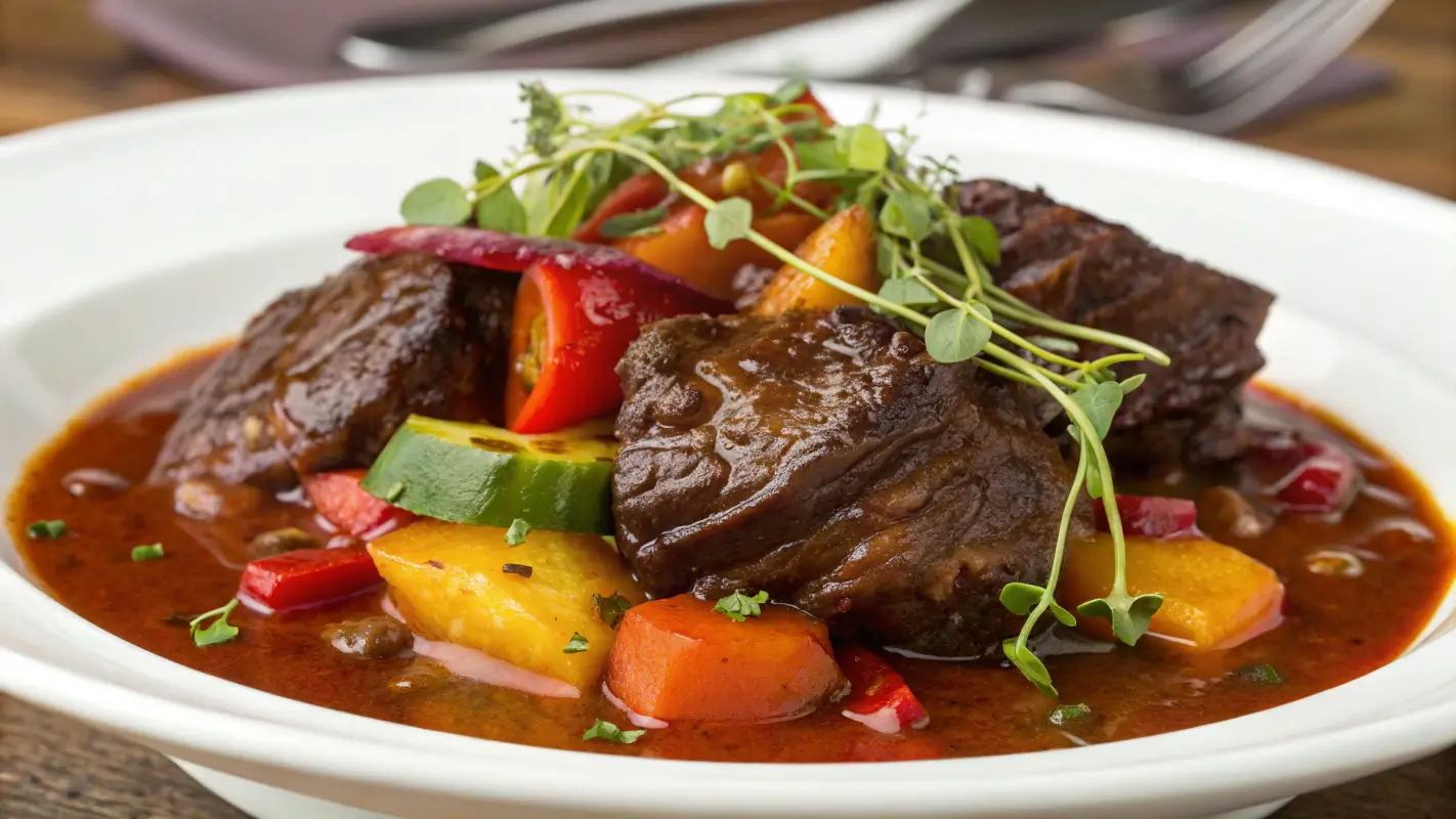 Deliciously tender beef cheek meat served with rich sauce and garnished vegetables, highlighting the textures and vibrant colors of the dish.