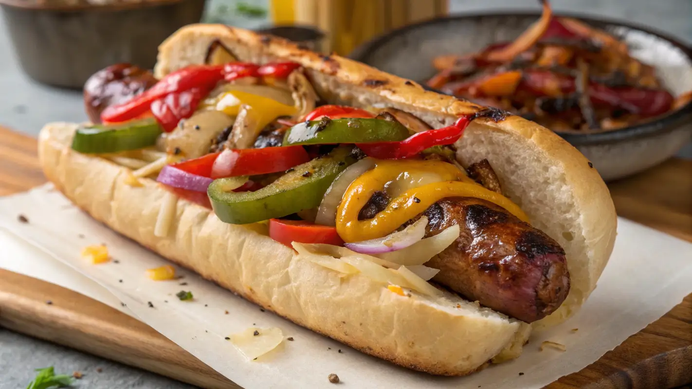Beef sausage sandwich with grilled vegetables and melted cheese