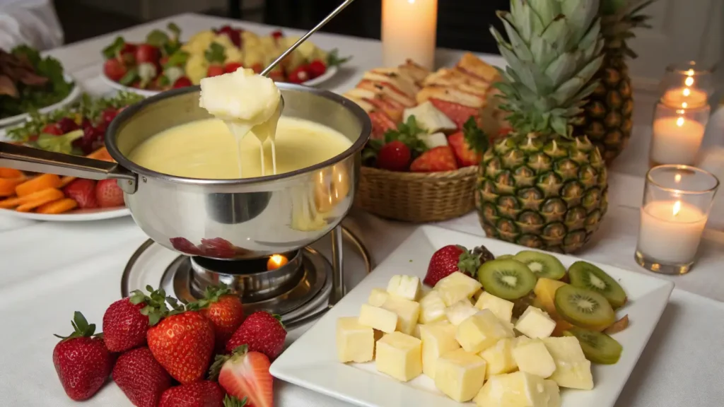 Cheesecake fondue served with fruits and cake cubes for dipping.