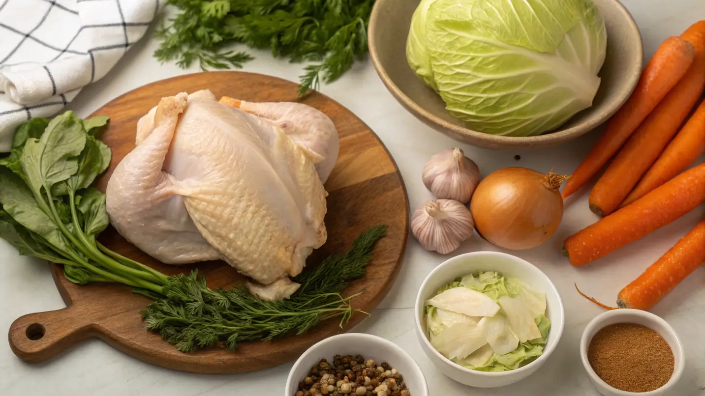 Ingredients for Chicken and Cabbage Soup – chicken, cabbage, carrots, garlic, onions, herbs arranged beautifully.