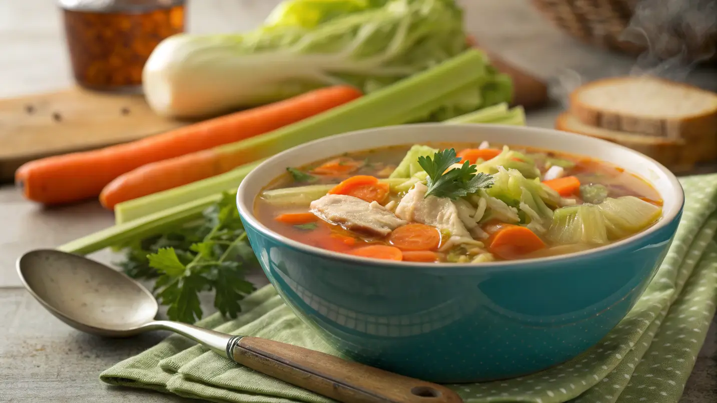 Delicious bowl of Chicken and Cabbage Soup with tender chicken, vibrant cabbage, and a rich, flavorful broth.