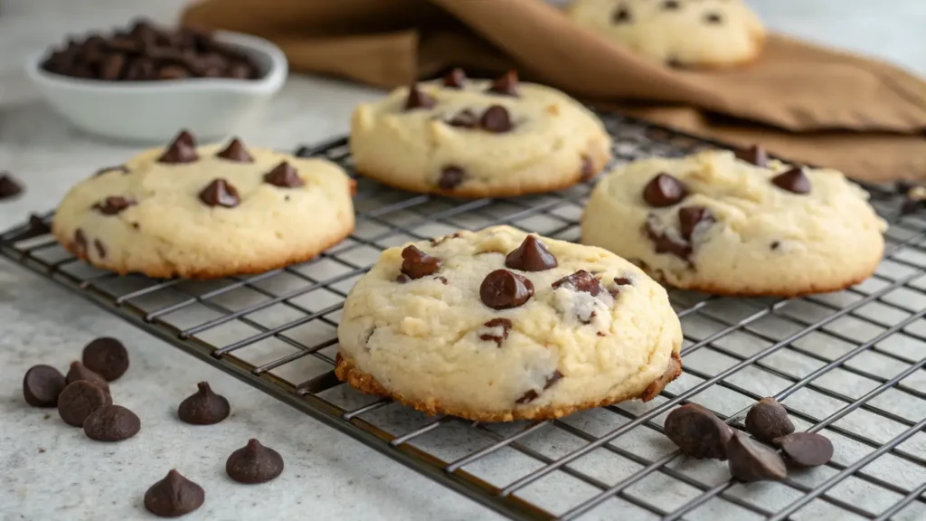 freshly baked chocolate chip cheesecake cookies on a cooling rack with chocolate chips scattered around them, showcasing the creamy texture of the cookies