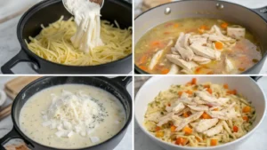Step-by-step process of cooking Crack Chicken Noodle Soup: sautéing chicken, adding ingredients, simmering the soup, and serving with cheese.