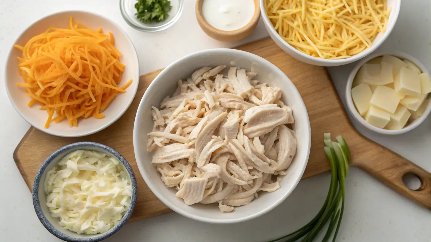 Ingredients for Crack Chicken Noodle Soup laid out, including shredded chicken, cream cheese, ranch seasoning, cheddar cheese, and noodles.