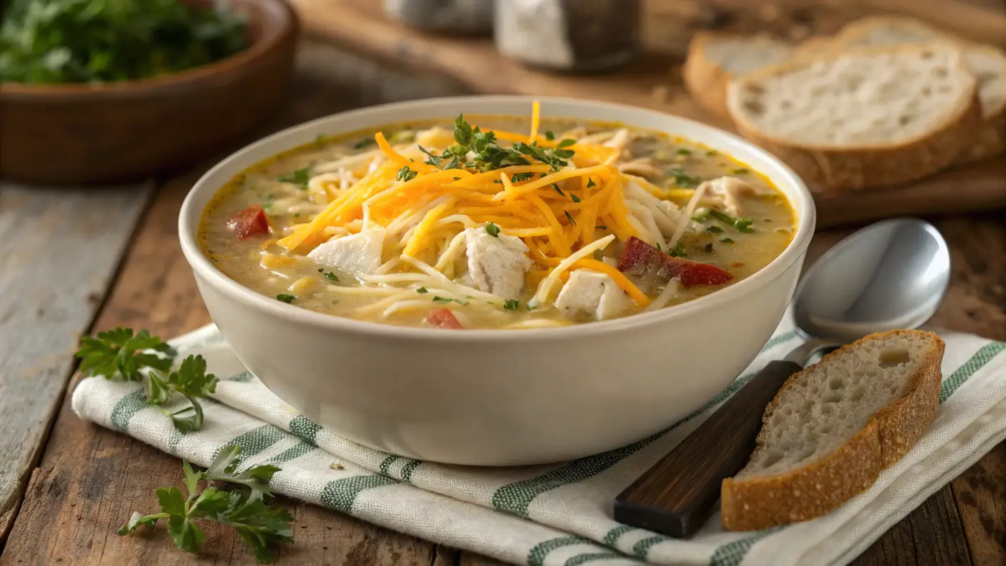 A bowl of creamy Crack Chicken Noodle Soup with shredded cheddar cheese, fresh herbs, and crusty bread on the side.