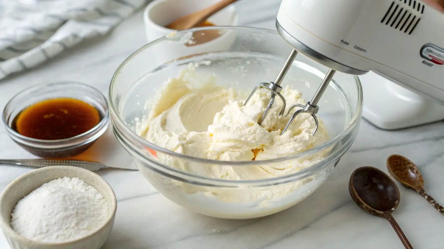 Preparing the cream cheese base for cheesecake fondue, blending with vanilla extract and sugar.