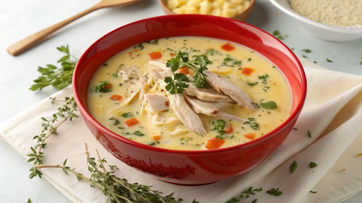 Delicious bowl of dairy-free cream of chicken soup with tender shredded chicken and fresh herbs, showcasing creamy texture and vibrant colors.