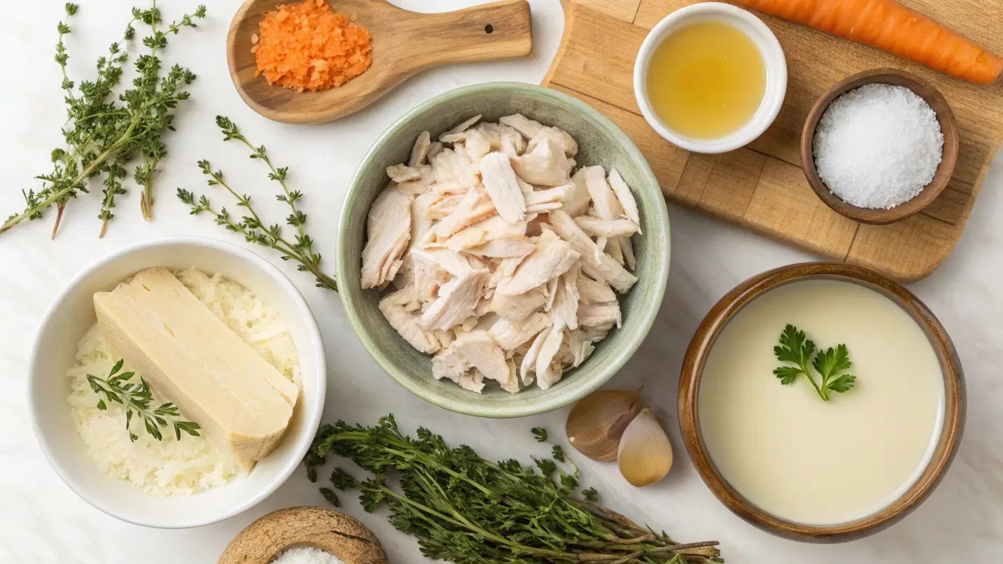 Ingredients for dairy-free cream of chicken soup arranged aesthetically, showcasing coconut milk, vegetable broth, gluten-free flour, plant-based butter, shredded chicken, and fresh herbs.