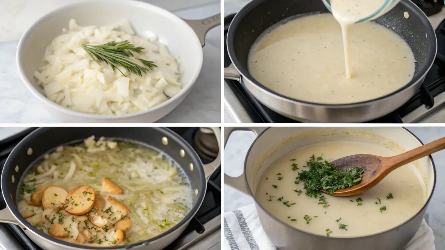 Step-by-step process of preparing dairy-free cream of chicken soup, showing sautéing onions, adding coconut milk and broth, simmering soup, and serving in a bowl.