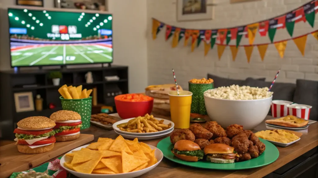 A festive Super Bowl party table filled with game-day snacks, including nachos with cheese and salsa, sliders, a veggie platter with dips, and other finger foods. In the background, a TV screen shows a football game while guests cheer and enjoy the food