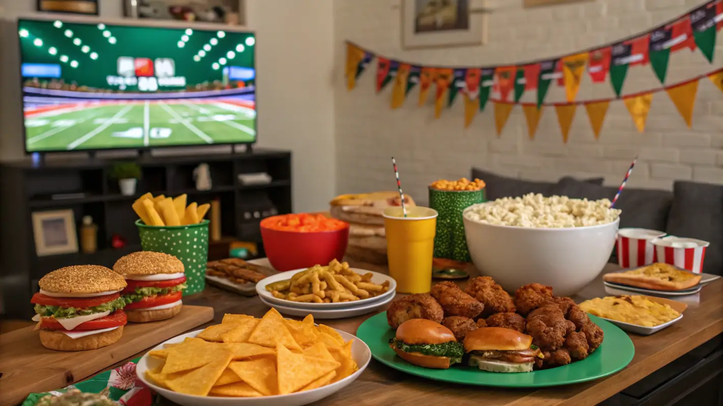 A festive Super Bowl party table filled with game-day snacks, including nachos with cheese and salsa, sliders, a veggie platter with dips, and other finger foods. In the background, a TV screen shows a football game while guests cheer and enjoy the food