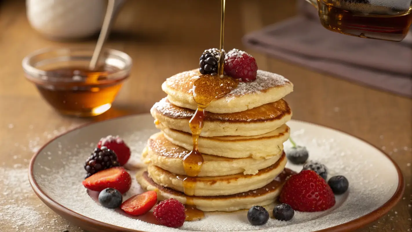 Fluffy Krusteaz Mini Pancakes stacked high, with syrup, berries, and powdered sugar, highlighting their delicious texture and warm colors.