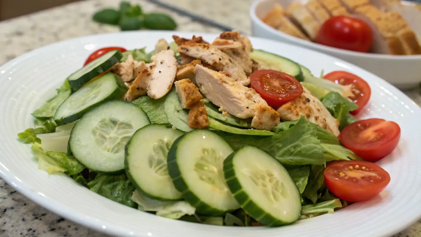 Fresh green salad with cucumbers and tomatoes to accompany Million Dollar Chicken Casserole