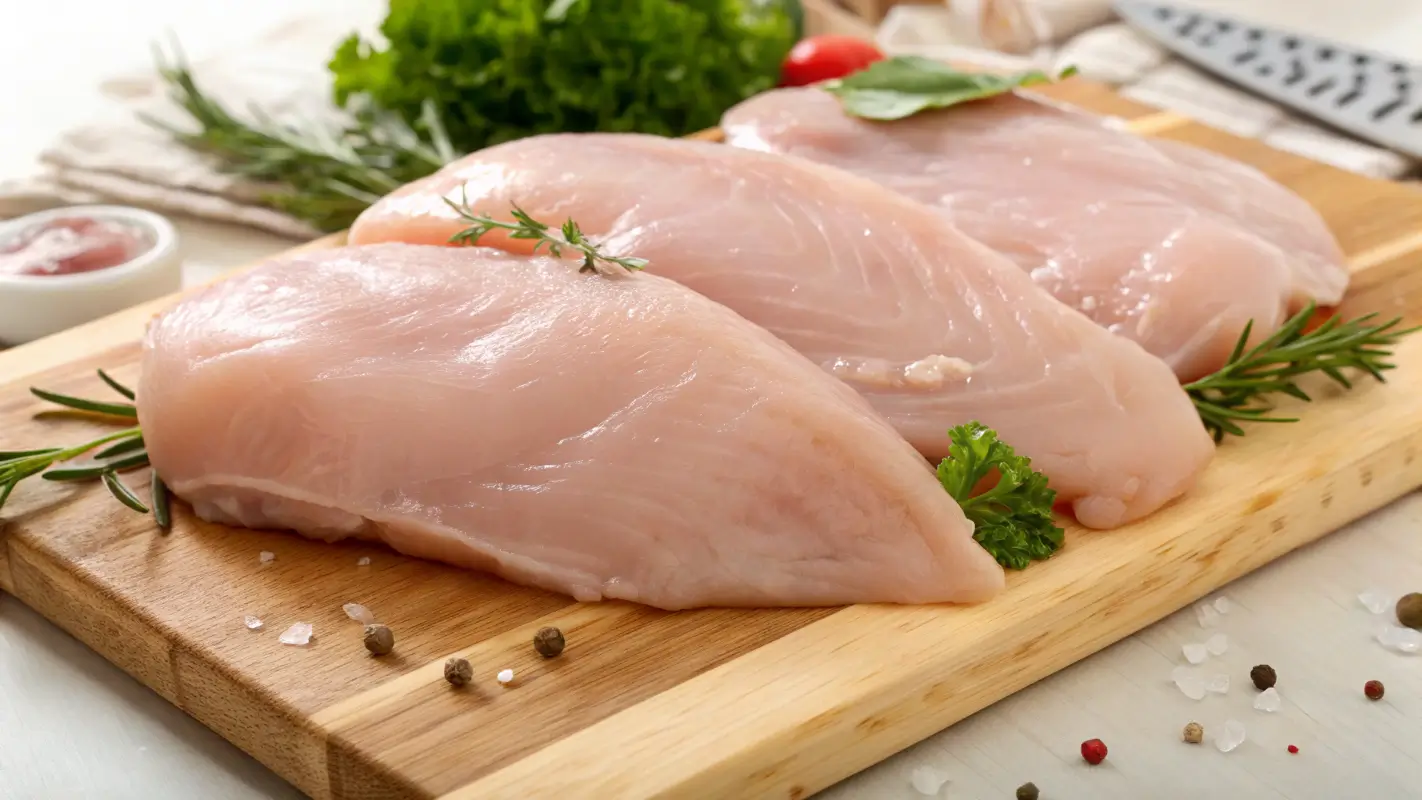 Fresh chicken breasts ready to be seasoned and cooked for Garlic Parmesan Chicken Pasta.