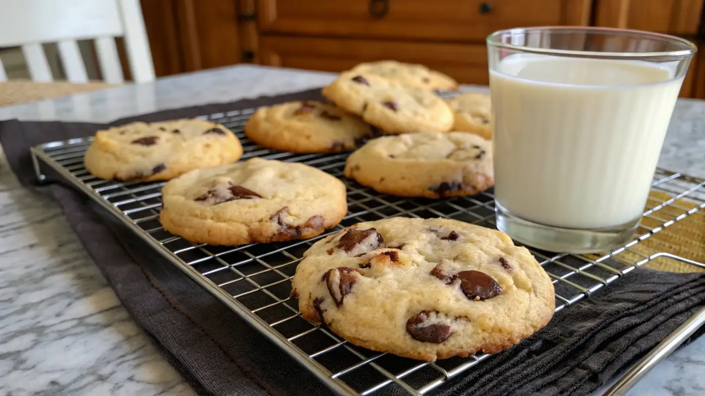 Cooling chocolate chip cheesecake cookies on a rack with a glass of milk.