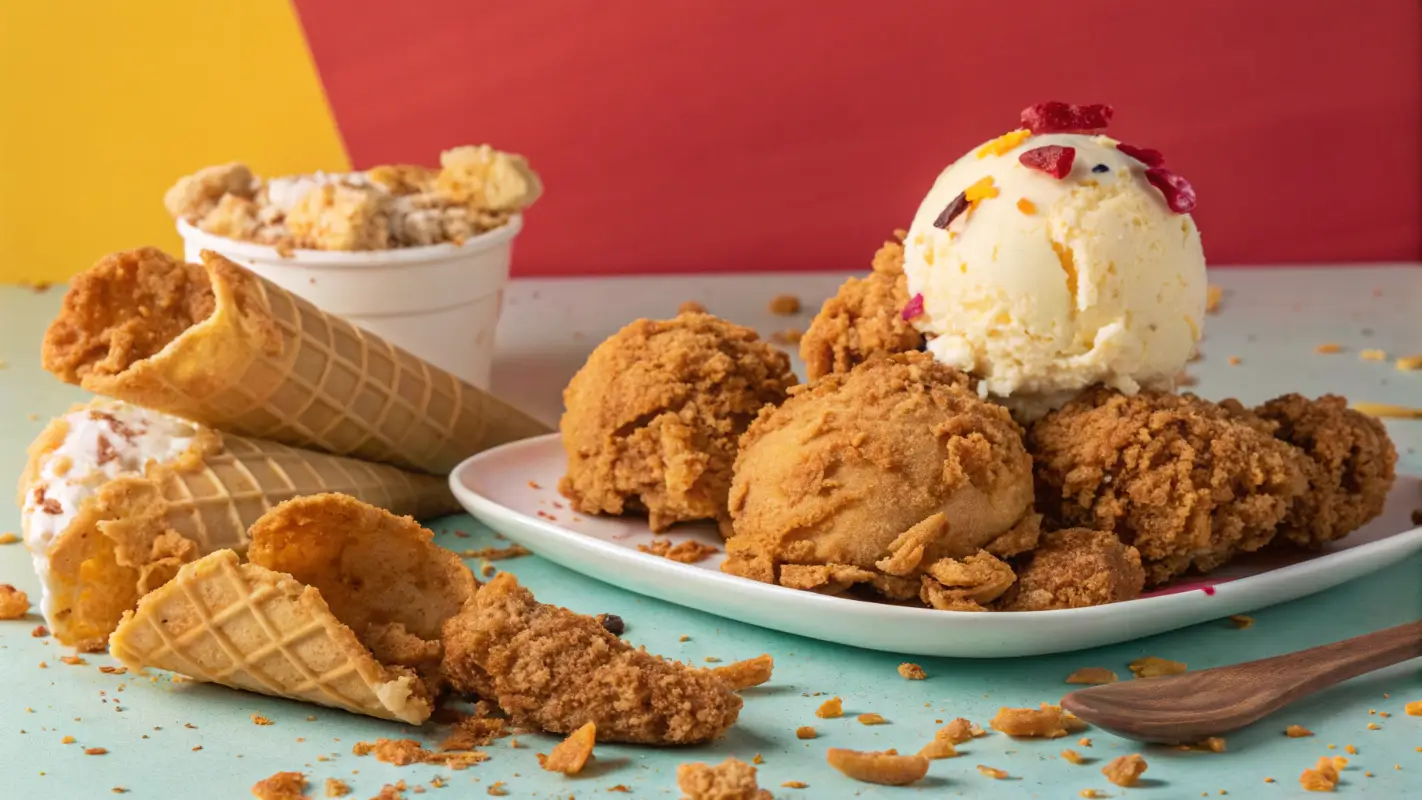 A vibrant and creative interpretation of Fried Chicken Ice Cream, using bold colors and dynamic composition to capture the playful and experimental nature of this unique culinary trend.