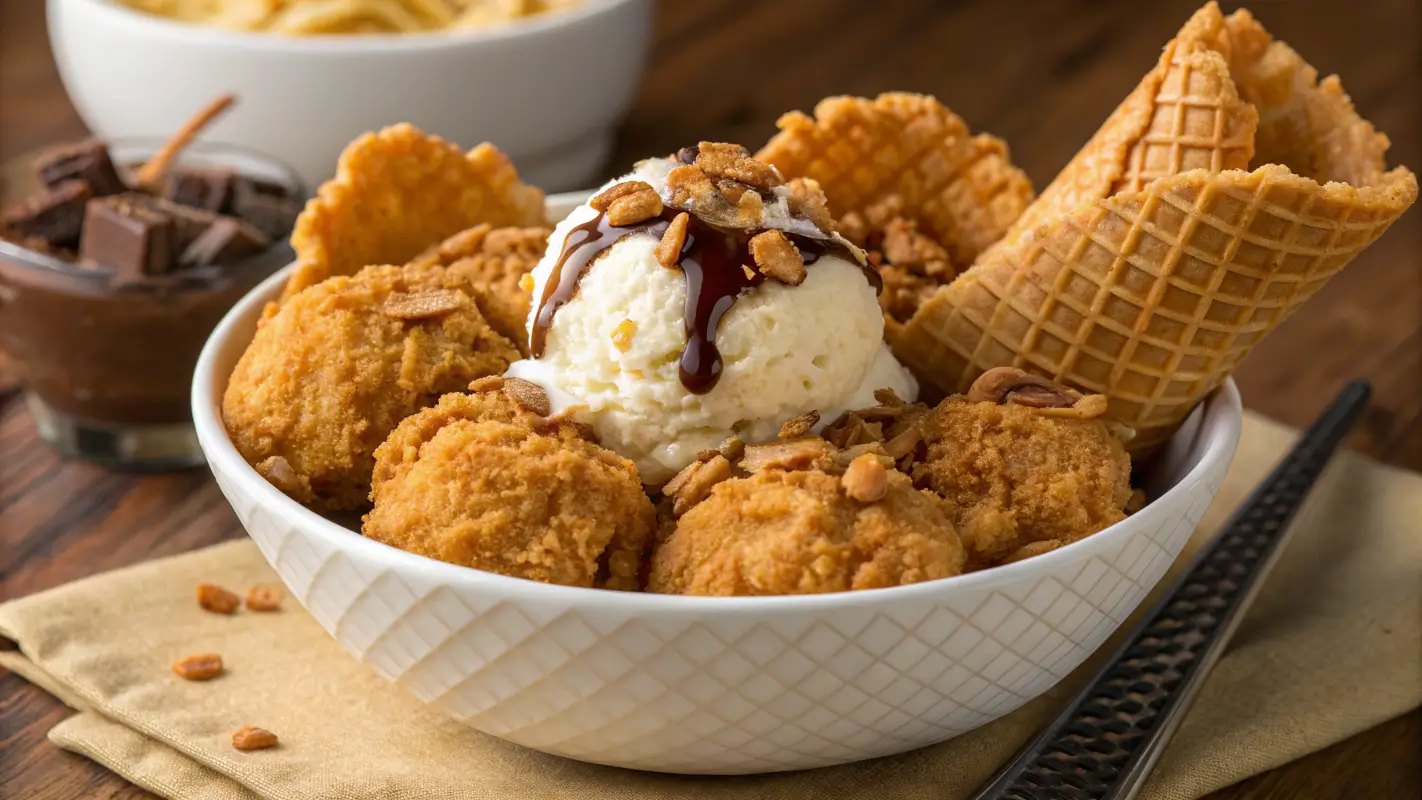 Close-up of Fried Chicken Ice Cream, a creative dessert resembling crispy fried chicken, with creamy vanilla ice cream coated in a crunchy golden cornflake crust.
