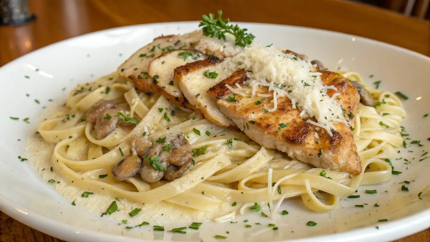 A creamy and delicious plate of Garlic Parmesan Chicken Pasta with parmesan cheese and herbs.