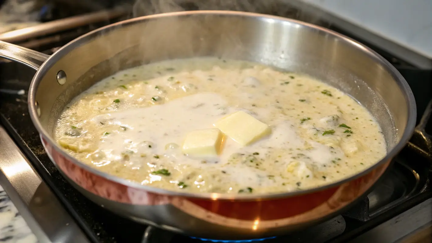 A saucepan simmering garlic, butter, and cream to create a creamy Garlic Parmesan Sauce.