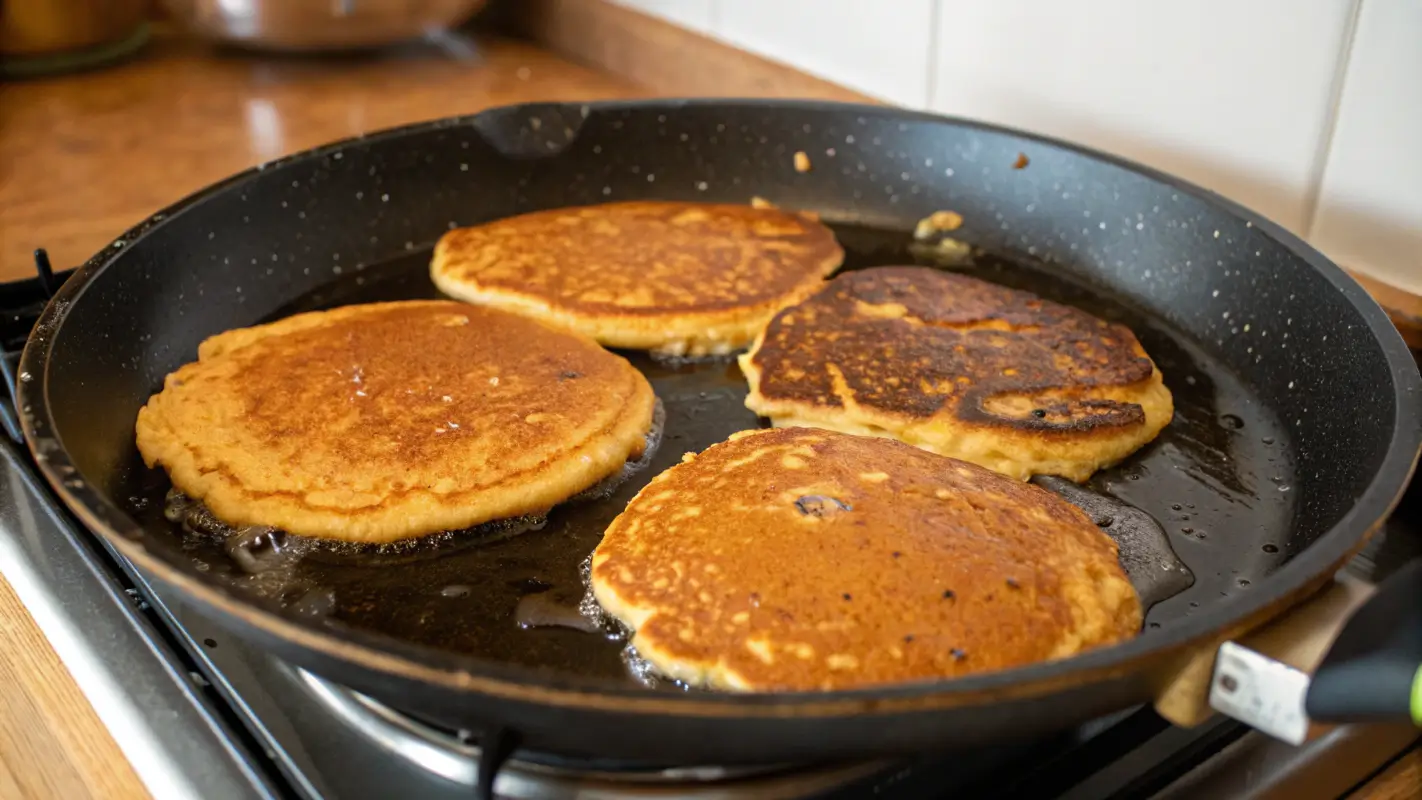 Cooking pumpkin protein pancakes on a skillet.