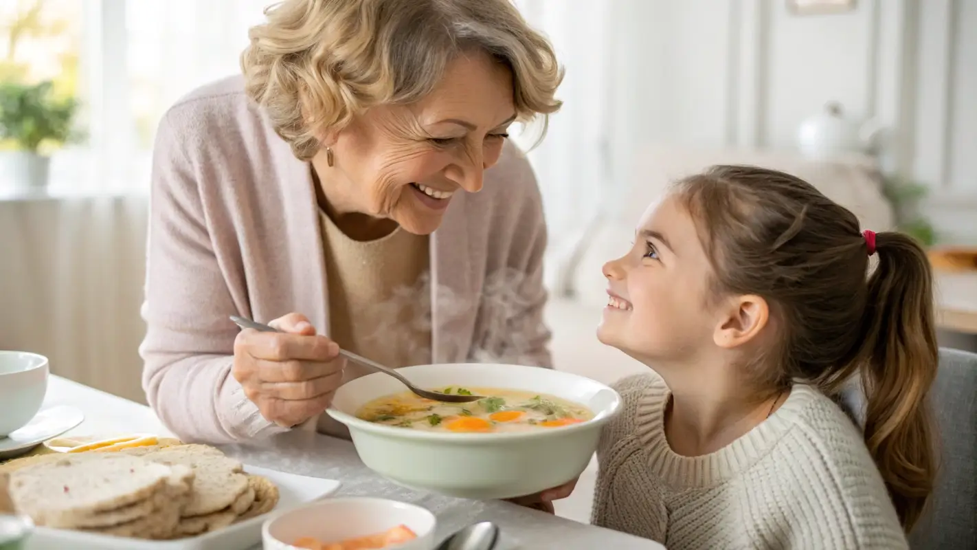 Grandma serving a warm bowl of homemade chicken soup to her family, creating cherished memories.