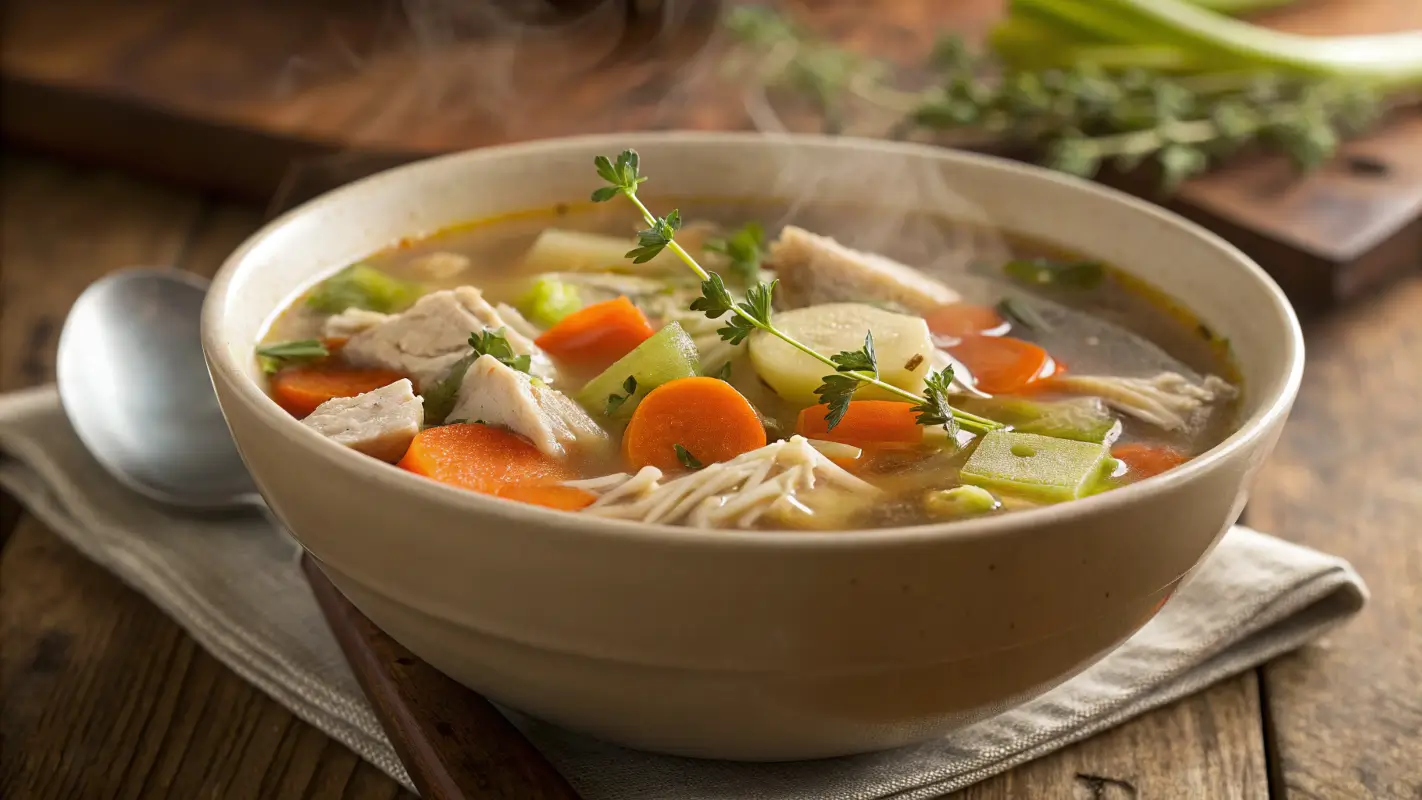 Grandma’s chicken soup served in a bowl with fresh herbs, perfect for a comforting family meal.