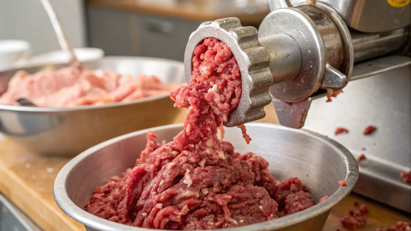 Grinding beef to make homemade sausages for a perfect texture