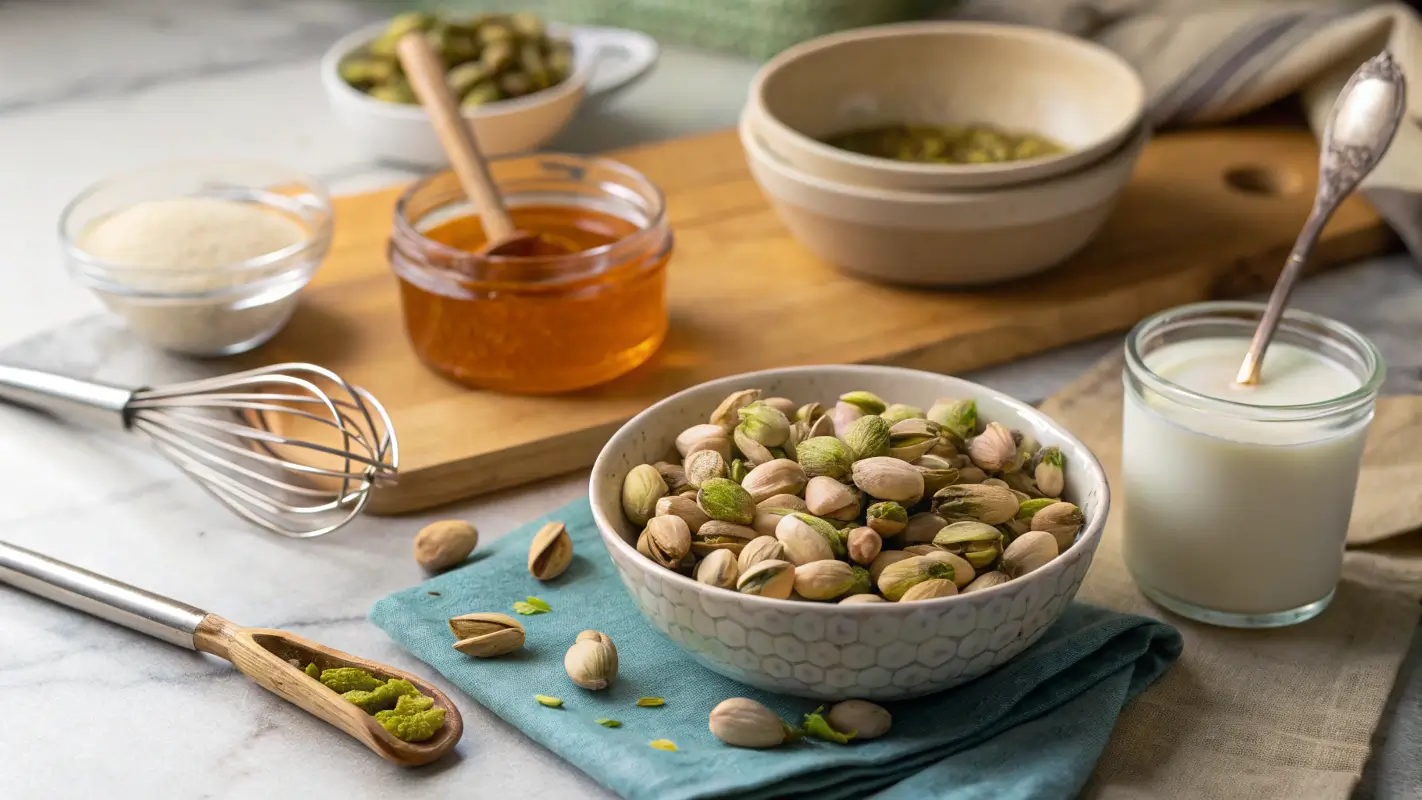Fresh, unsalted pistachios, honey, and milk arranged on a kitchen counter with utensils for making pistachio cream.