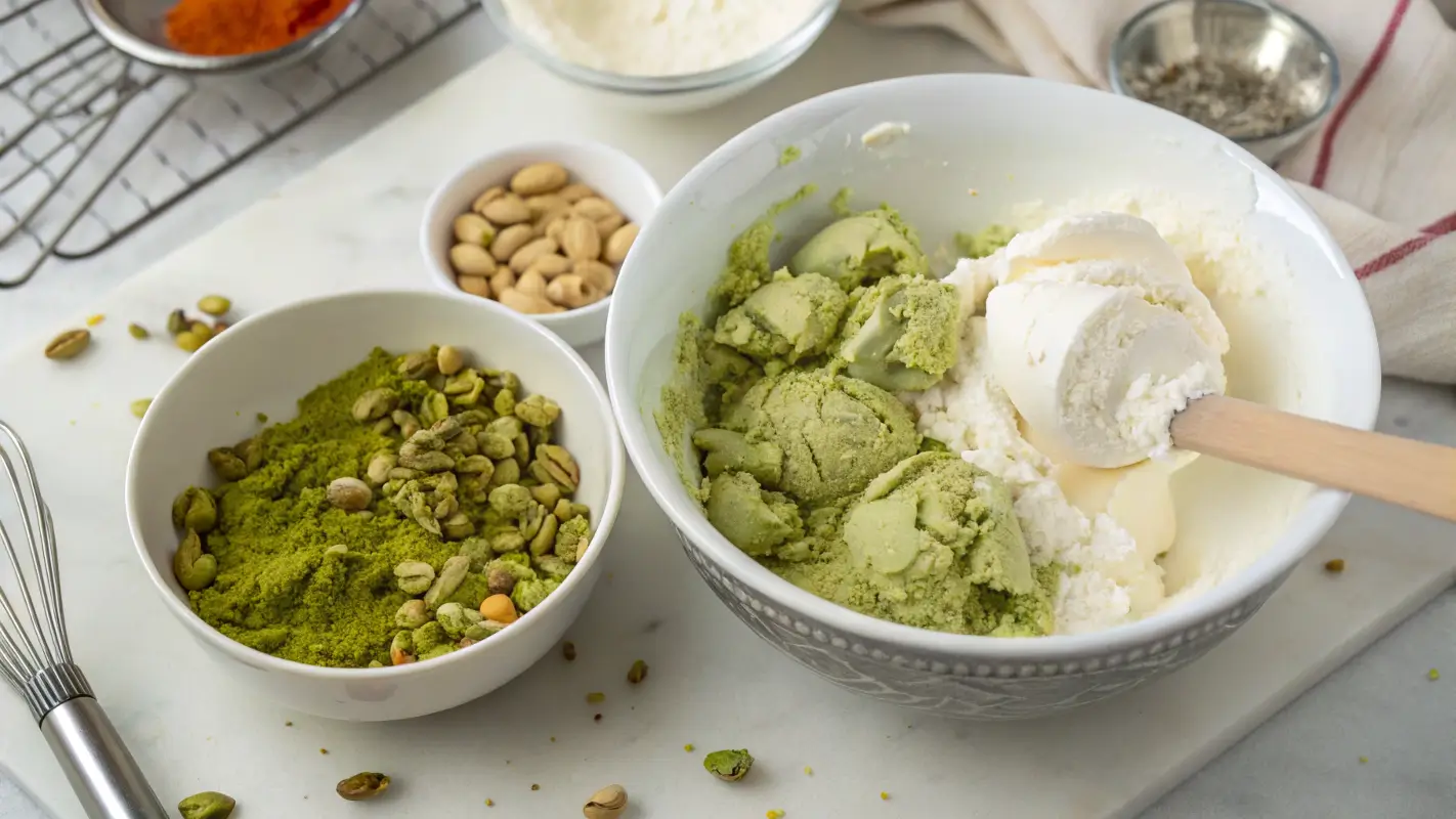 Preparing homemade pistachio ice cream with pistachios and cream ingredients