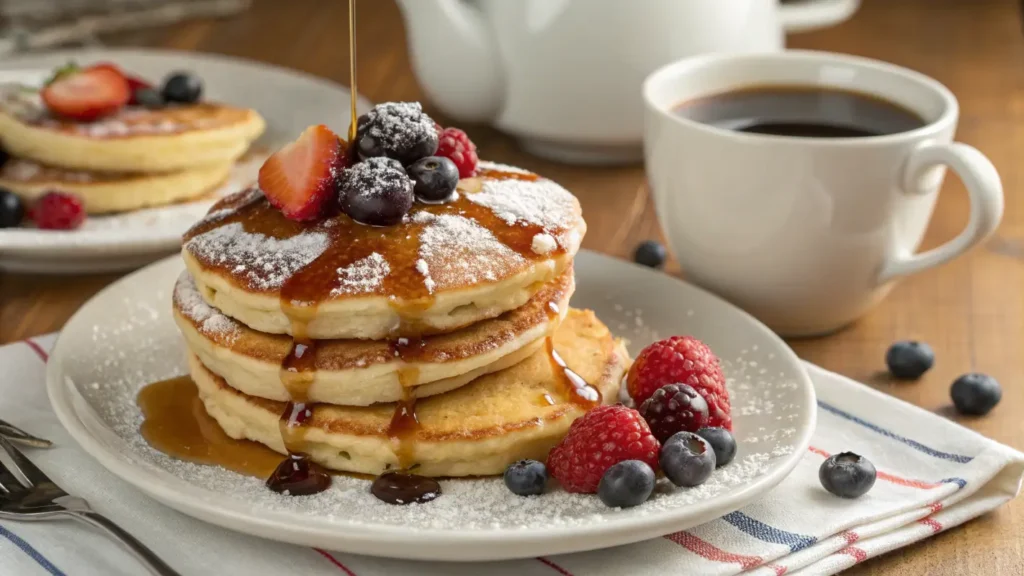 A stack of fluffy Krusteaz Mini Pancakes with syrup and berries, showcasing the versatility of mini pancakes for breakfast or snacks.