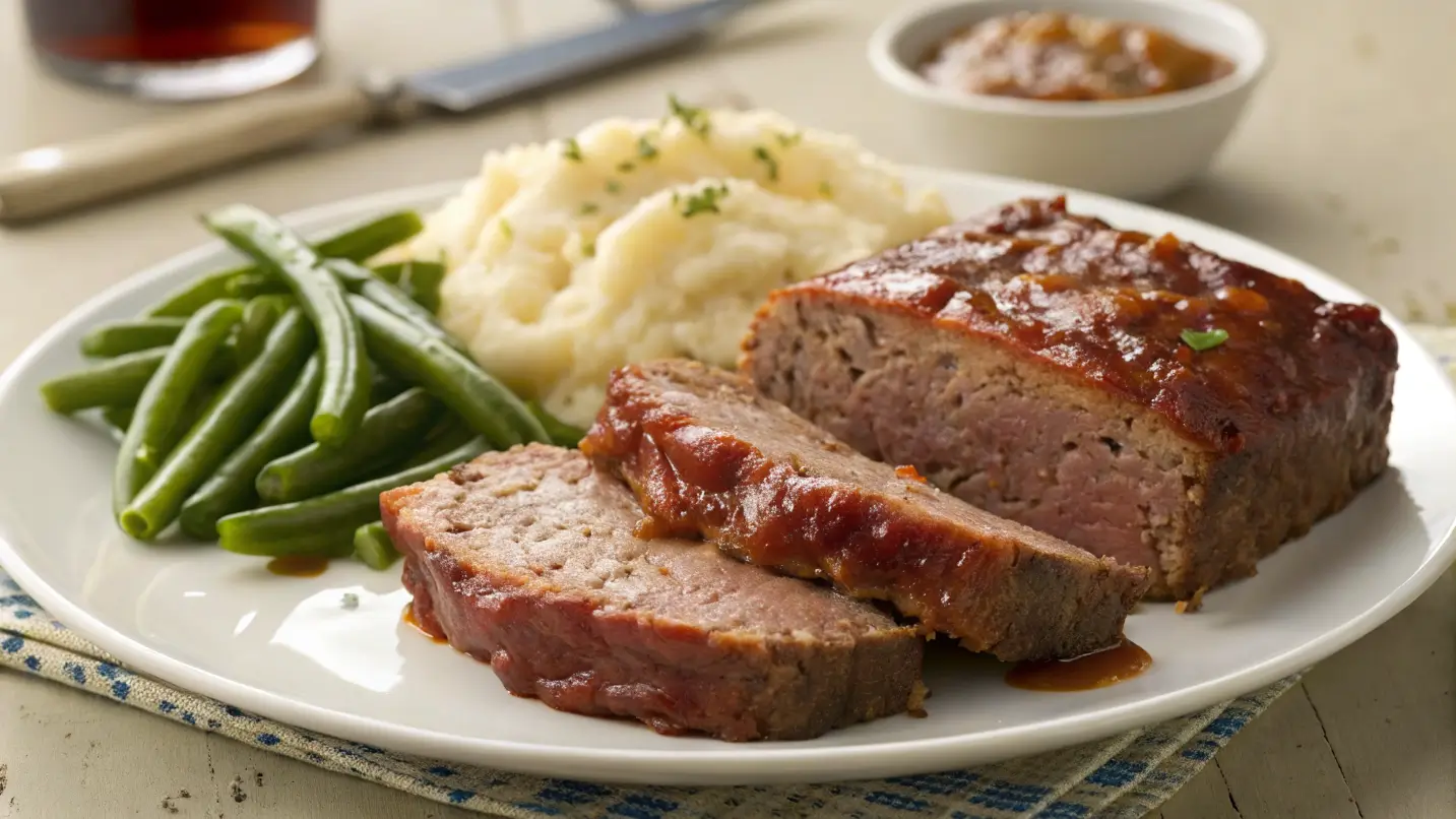 A beautifully presented plate of Lipton Onion Soup Meatloaf, served with mashed potatoes and green beans, highlighting the tender texture and vibrant colors.