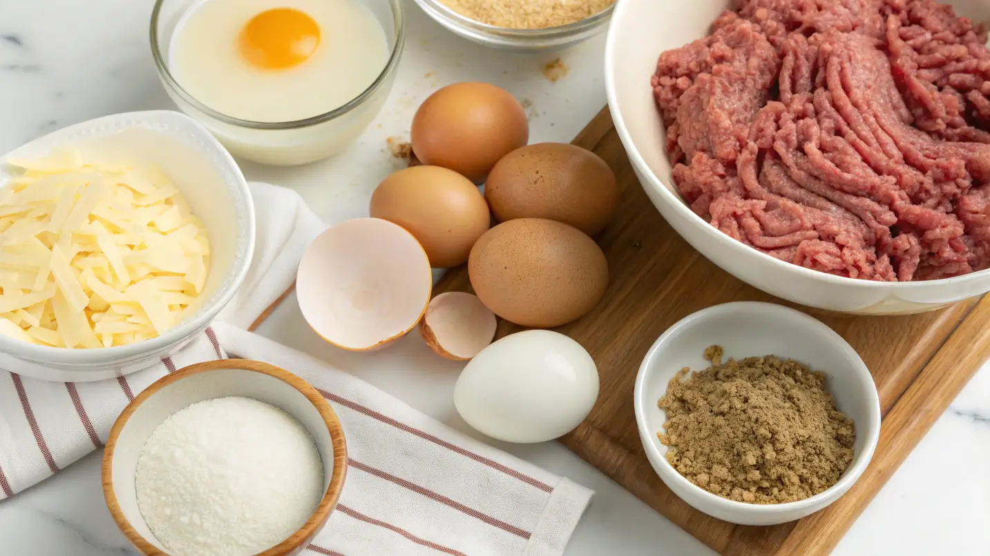 Ingredients for Lipton Onion Soup Meatloaf laid out in a vibrant, visually appealing arrangement, featuring ground beef, onion soup mix, eggs, breadcrumbs, and milk.
