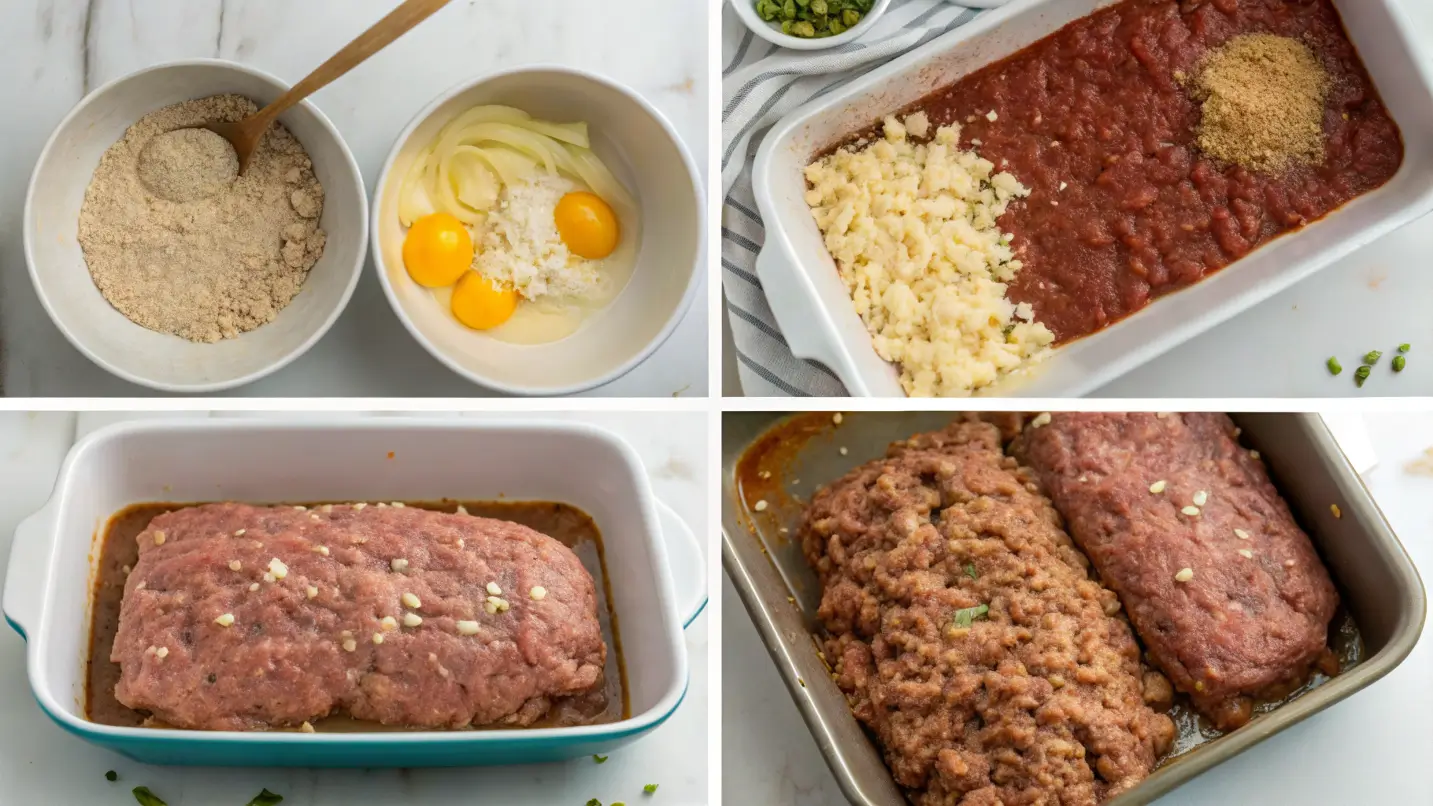 Step-by-step process of preparing Lipton Onion Soup Meatloaf, from mixing ingredients to shaping and baking the meatloaf.