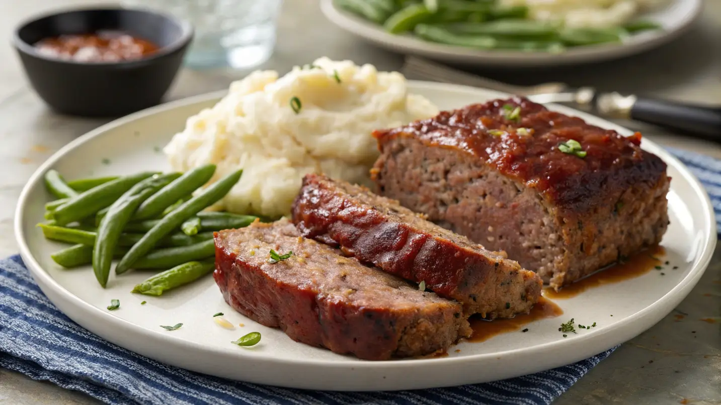 Delicious Lipton Onion Soup Meatloaf with mashed potatoes and green beans on a dinner plate.