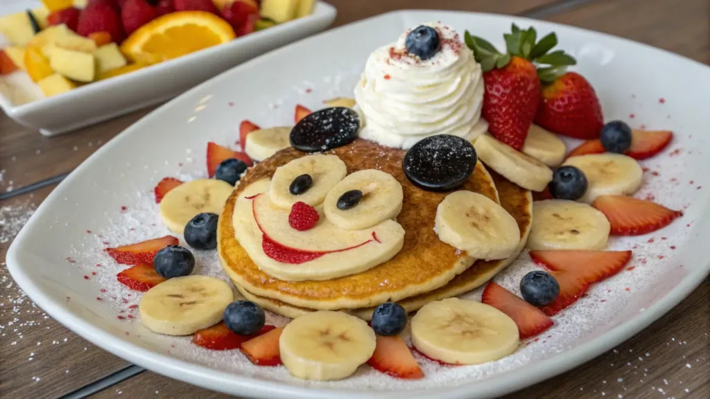 Delicious Mickey Mouse Pancakes served with fresh fruit and whipped cream, showcasing the fun and whimsical design of the iconic Disney-inspired dish.