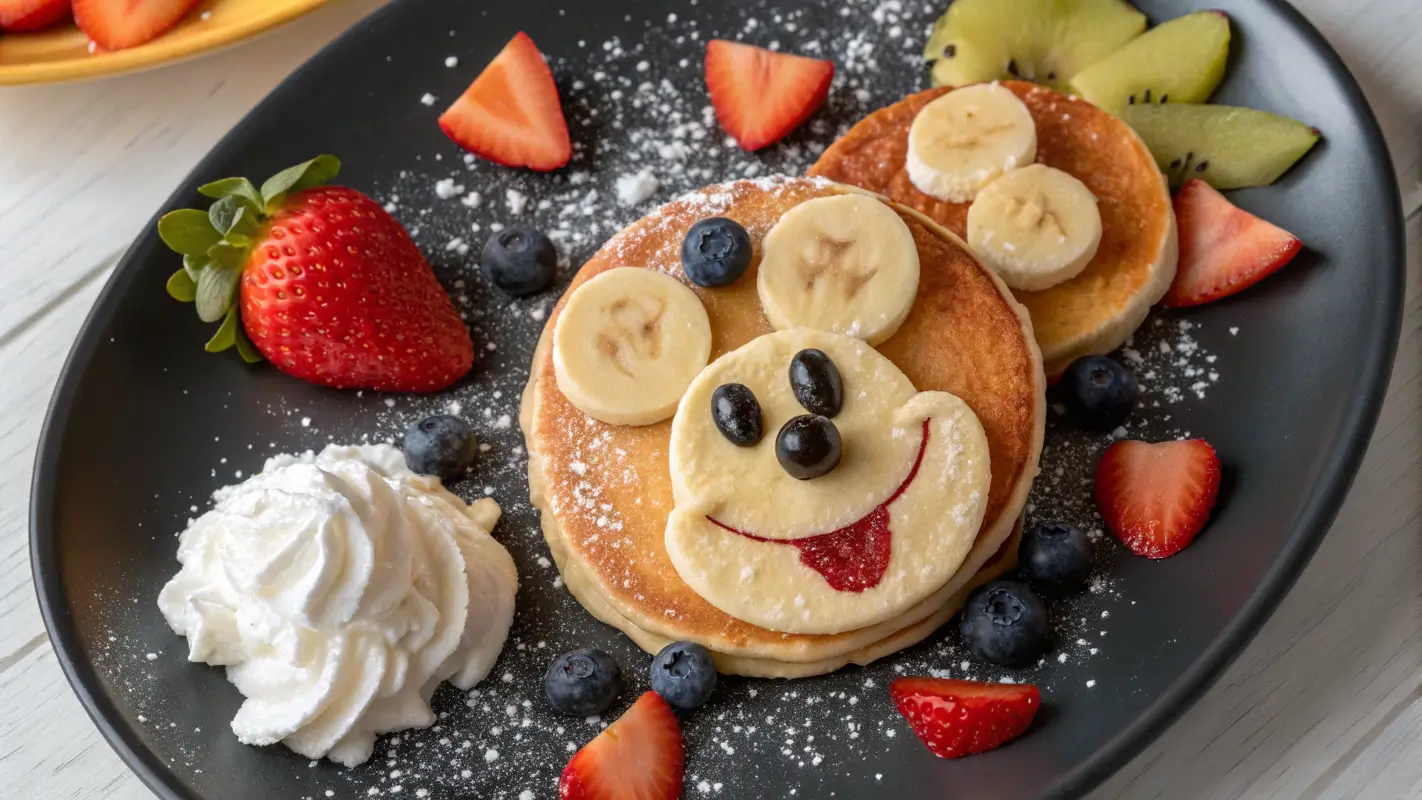 Artistic presentation of Mickey Mouse Pancakes decorated with bananas, blueberries, and strawberries for a fun and vibrant look.