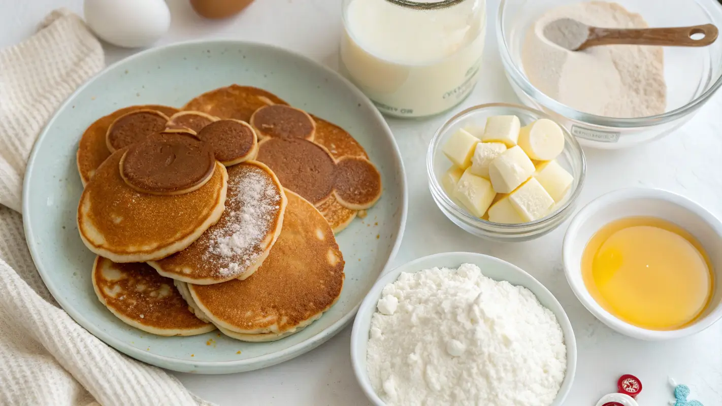 Key ingredients for Mickey Mouse Pancakes: flour, eggs, milk, baking powder, butter, and sugar arranged aesthetically to show textures and colors.