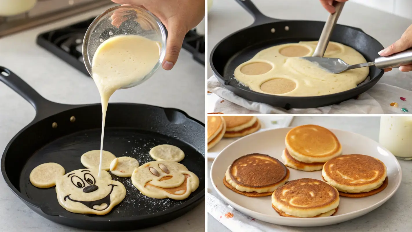 Step-by-step cooking process of Mickey Mouse Pancakes: batter being poured, ears added, cooking, and finished pancakes ready to serve.