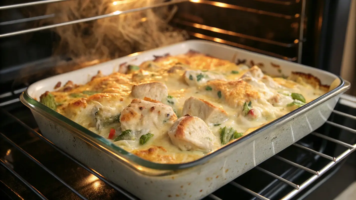 Million Dollar Chicken Casserole baking in the oven with a golden cheese topping