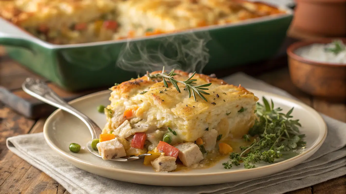 A mouthwatering serving of Million Dollar Chicken Casserole on a plate, topped with fresh herbs, ideal for a family dinner.
