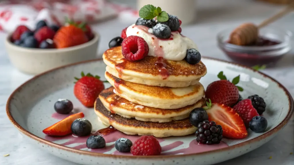 Visually stunning image of Mini Protein Pancakes, featuring fluffy pancakes topped with vibrant berries and a smooth yogurt drizzle, highlighting their golden texture and fresh ingredients.