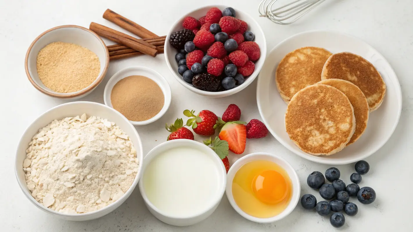 Ingredients for Mini Protein Pancakes including protein powder, oats, eggs, milk, and baking powder arranged in a visually appealing layout showcasing vibrant colors and textures.
