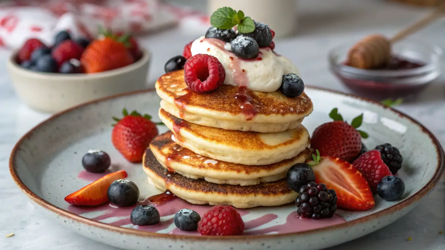 Visually stunning image of Mini Protein Pancakes, featuring fluffy pancakes topped with vibrant berries and a smooth yogurt drizzle, highlighting their golden texture and fresh ingredients.