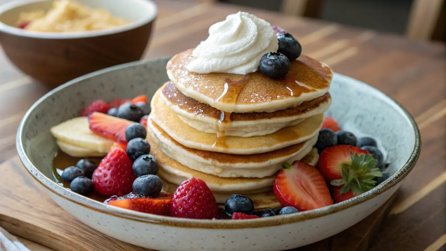 Mini pancakes served in a bowl with toppings and syrups ready for a brunch spread.