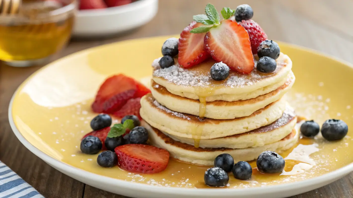 Mini pancakes topped with fresh berries and honey for a delightful breakfast treat