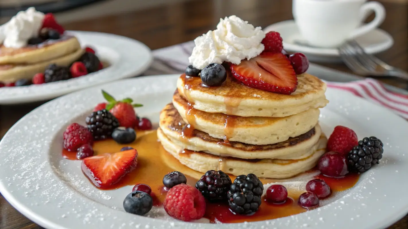 Mini pancakes served with fresh berries, maple syrup, and whipped cream